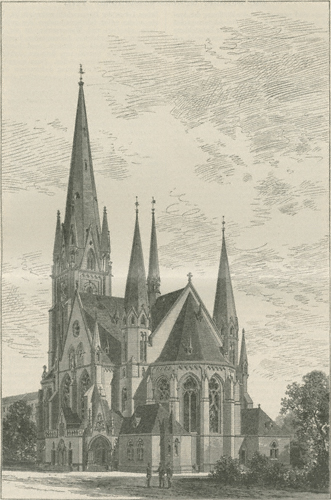 Die Neue evangelische Garnisonkirche in Berlin, Holzstich O. Ebel, Berlin. – Abgebildet in , hrsg. vom Ministerium der öffentlichen Arbeiten, 16. Jg. (1896), Nr. 30 (25. Juli), S. 329.