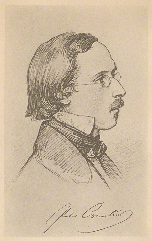 Peter Cornelius, Zeichnung von Friedrich Presser der Ältere. – Abgebildet in , eingeleitet von Adolf Stern, Leipzig 1890; Exemplar: Max-Reger-Institut, Karlsruhe.