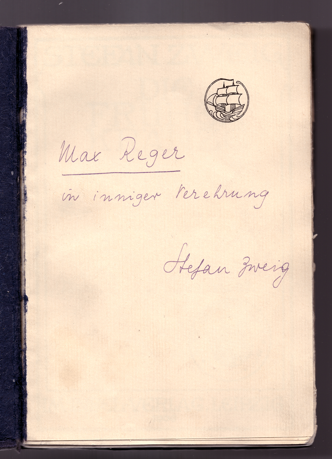 Stefan Zweig, , Leipzig 1907, Vorsatzblatt mit Widmung des Autors an Max Reger, Meininger Museen, Sammlung Musikgeschichte/Max-Reger-Archiv, Signatur: R Bü 127.