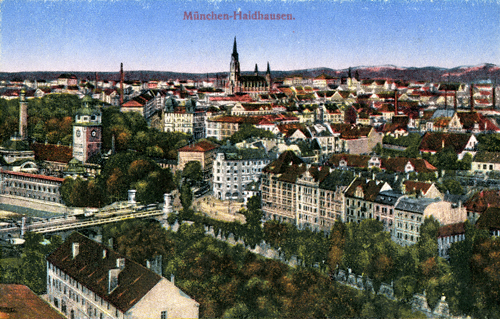 Blick auf den Münchner Stadtteil Haidhausen, in dem Reger , Postkarte (undatiert), Kunstverlag H. Wutz, München.