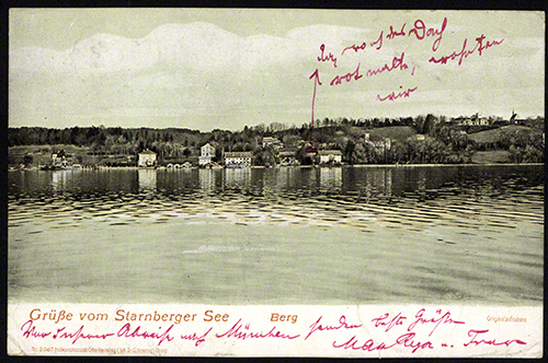 Ansichtskarte mit Foto vom Starnberger See, die Reger am 22. September 1904 an Lauterbach & Kuhn sandte. Eingezeichnet ist die Gästevilla Rikoff (»Da, wo ich das Dach rot malte, wohnten wir«), Max-Reger-Institut, Karlsruhe, Signatur: Ep. Ms. 2622.