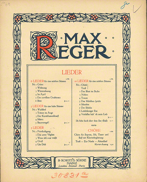 Spätere Auflage der  op. 12 nach Verlagsübernahme durch B. Schott’s Söhne (nach 1910), Titelblatt eines verlagsinternes Korrekturexemplars. – Max-Reger-Institut, Karlsruhe.