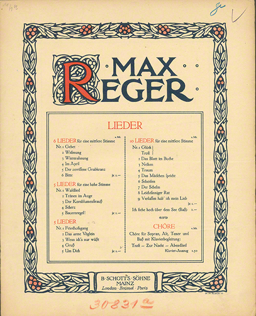 Spätere Auflage der op. 12 nach Verlagsübernahme durch B. Schott’s Söhne (nach 1910), Titelblatt eines verlagsinternes Korrekturexemplars. – Max-Reger-Institut, Karlsruhe.