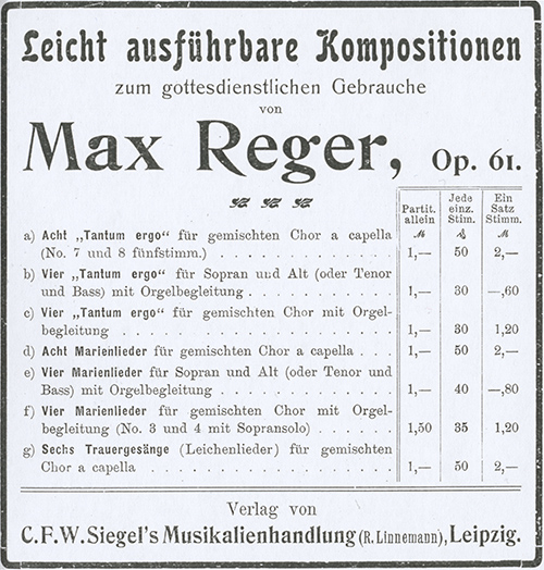 Verlagsanzeige C.F.W. Siegel’s Musikalienhandlung zu Regers Opus 61, in  36. Jg., Heft 18 (4. Mai 1905), S. 371.