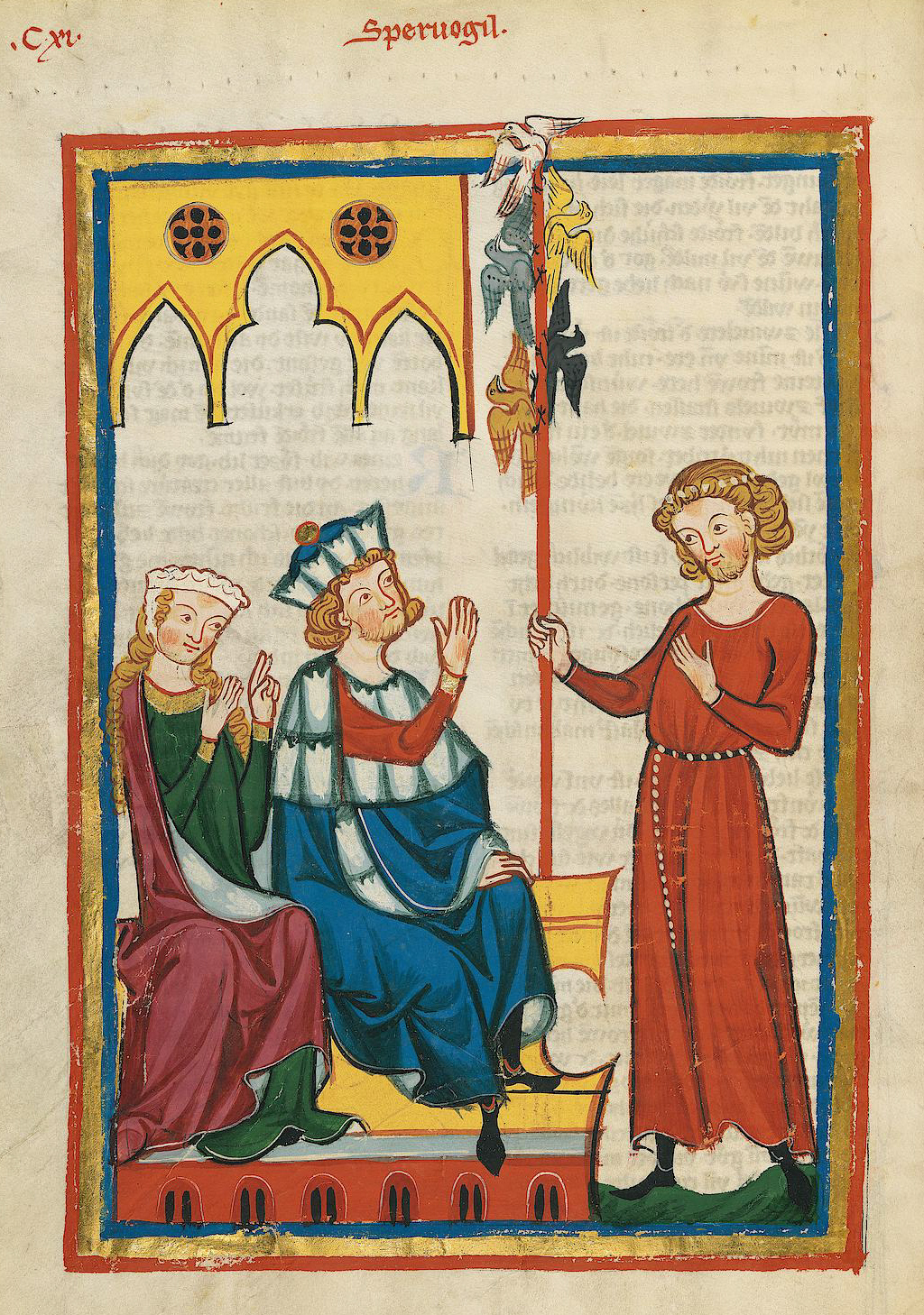 Spervogel I, Quelle: Codex Manesse, UB Heidelberg, Cod. Pal. germ. 848, fol. 415v.