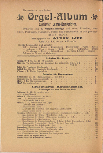 Verlagswerbung für das von Alban Lipp herausgegebene Orgelalbum, in dem 1904 Regers erschien.