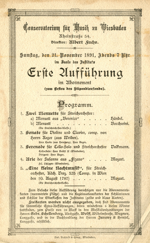 Programmzettel zur Uraufführung von Regers  op. 1 am 21. November 1891 im Wiesbadener Conservatorium. – Nachlass , Max-Reger-Institut, Karlsruhe.