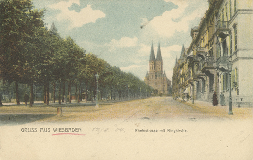 Rheinstraße und  in Wiesbaden, Postkarte (gelaufen 1904), Carl v.d. Boogaart, Wiesbaden.