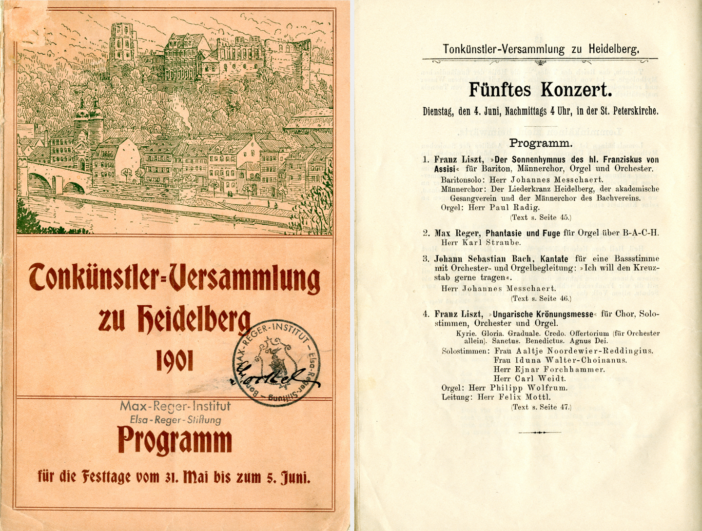 Programmheft zur Tonkünstlerversammlung in Heidelberg 1901, Titelblatt und S. 44. – Max-Reger-Institut, Karlsruhe.